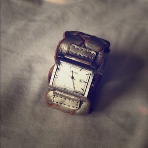 Fossil silver leather braided watch